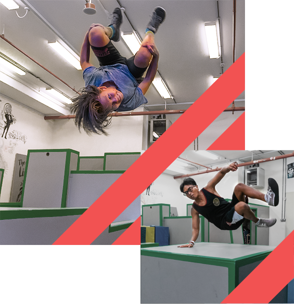 2 students of lion city parkour academy in singapore doing a flip and a speed vault captured in mid air